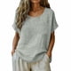 thumbnail image 2 of Craaazy Women Casual Loose Fit Blouse, Solid Color Short Sleeve Cotton Linen Top, Comfy Round Neck Tunic with Pocket for Daily Wear Gifts, 2 of 6
