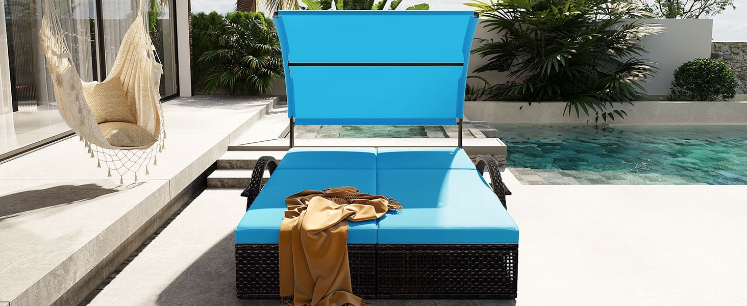 Mintazer 72.8" Outdoor Double Chaise Lounge with Adjustable Canopy & Pop-Up Side Table, Patio Double Sunbed with Arched Armrests for Patio Poolside, Brown & Blue