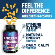 B Complex Vitamins Capsules - Super Complete B-100 Complex with Vitamin B12 B6 C Biotin Folate & Folic Acid for Immune & Energy Support - Supplement for Heart, Brain, Nerve Support - 120 Capsules