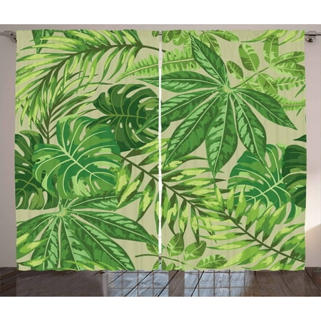 Green Leaf Curtains 2 Panels Set Exotic Pattern With Tropical