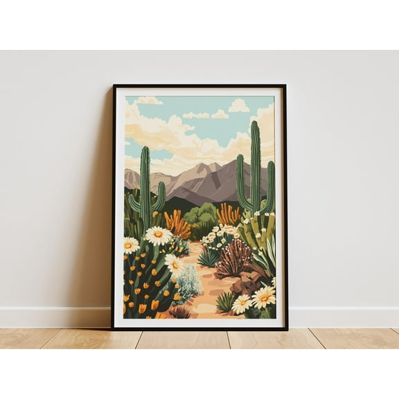 Desert Cactus Landscape Poster Print Botanical Art Southwest Desert Plants Cactus Bloom Nature Wall Art Decor - Poster Unframed
