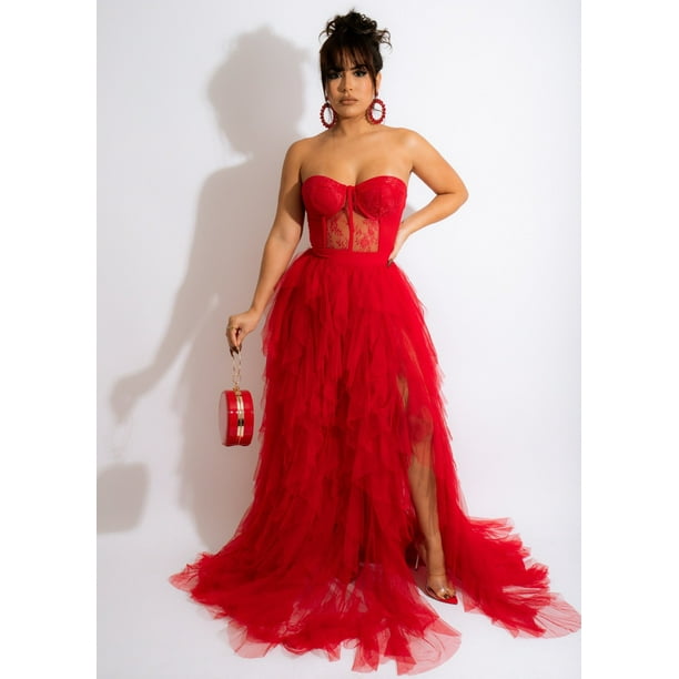 Vestido de noche sexy con top de tubo de malla de encaje de talla grande para otoño e invierno