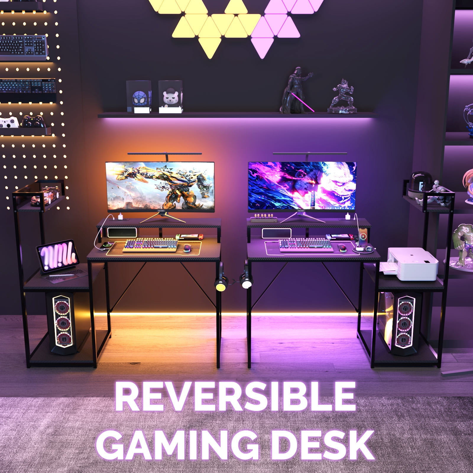 Astoutdoor Gaming Desk with Bookshelf and Printer Stand, 47 in, Black