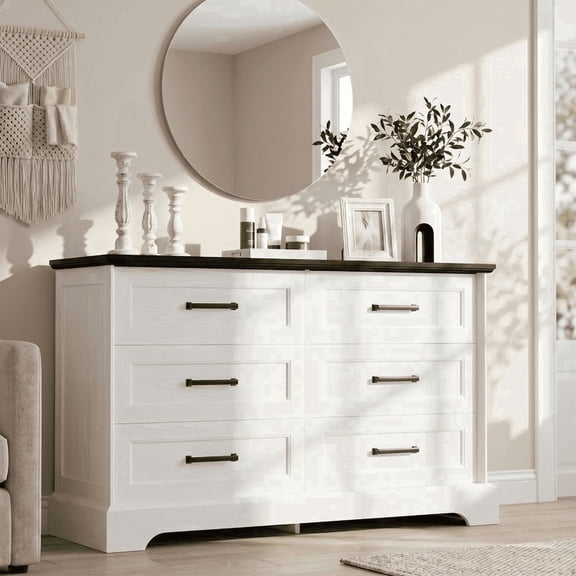 Homall Wooden 6 Drawer Dresser for Bedroom, Modern Chest of Drawers, Storage Cabinet Organizer with Metal Handles for Bedroom, Living Room and Closet, White and Black Top