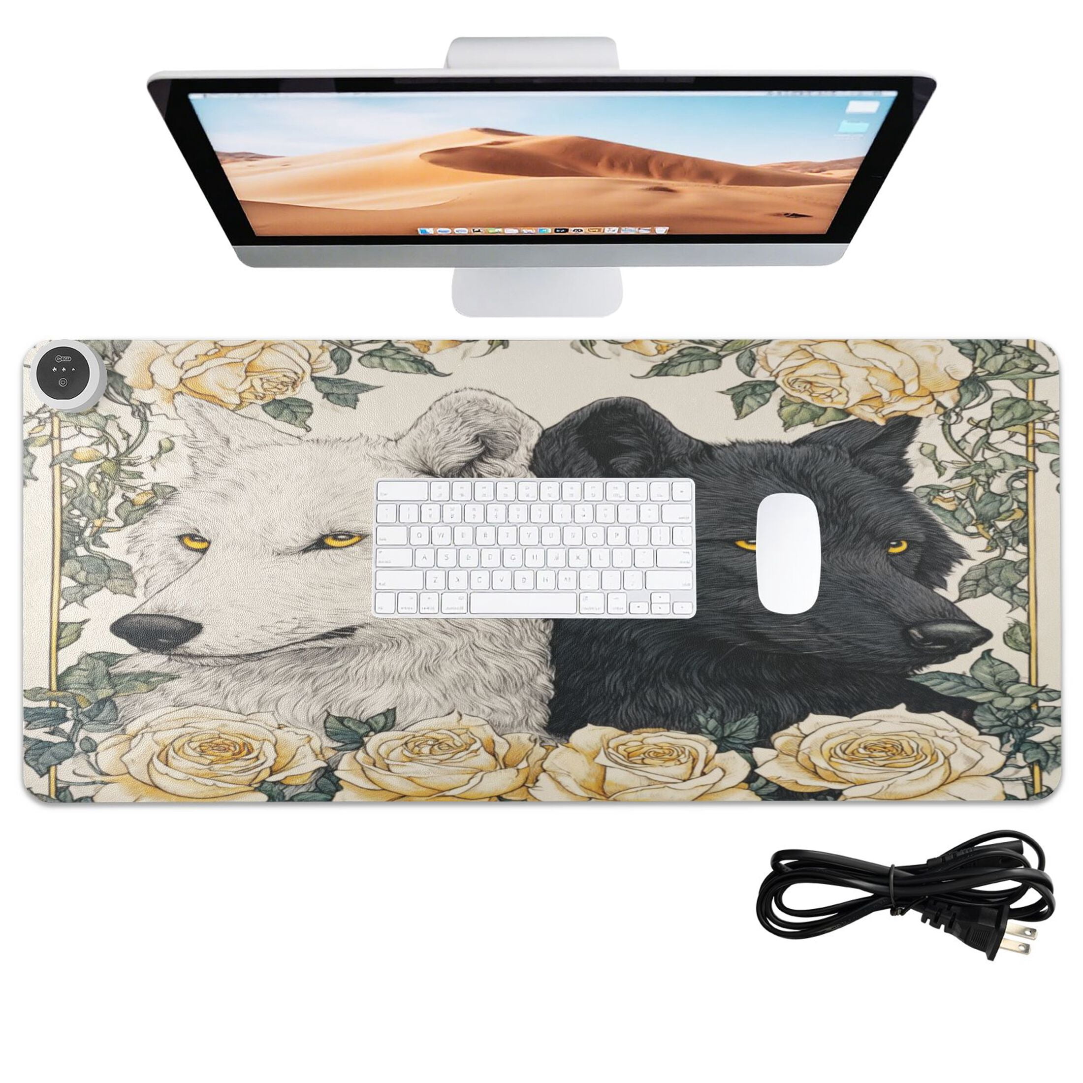 Large Heated Desk Mat Mouse Pad 31.5"x13"PU Leather Graphene Heating Desk Warmer with 3 Temperature Settings 110V US Plug Non-Slip Warm Pad for Home, Office, and Gaming Two Black and White Wolves