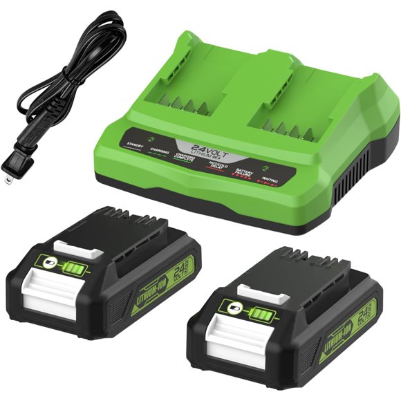 2Pack Replacement Green-works 24V Lithium Battery 2.0Ah 29842 29852 29322 BAG709 BAG710 20352 22232 2508302 for Green-work 2X24V + 2Port 29862 Charger for G-24 Green-works 24V Battery