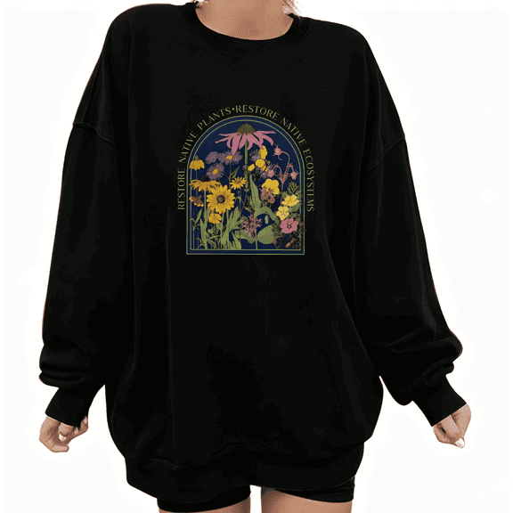 Native Plants Floral Graphic Casual and Fashion Tee T-Shirt Print Top Round-neck long-sleeved Black S-3XL
