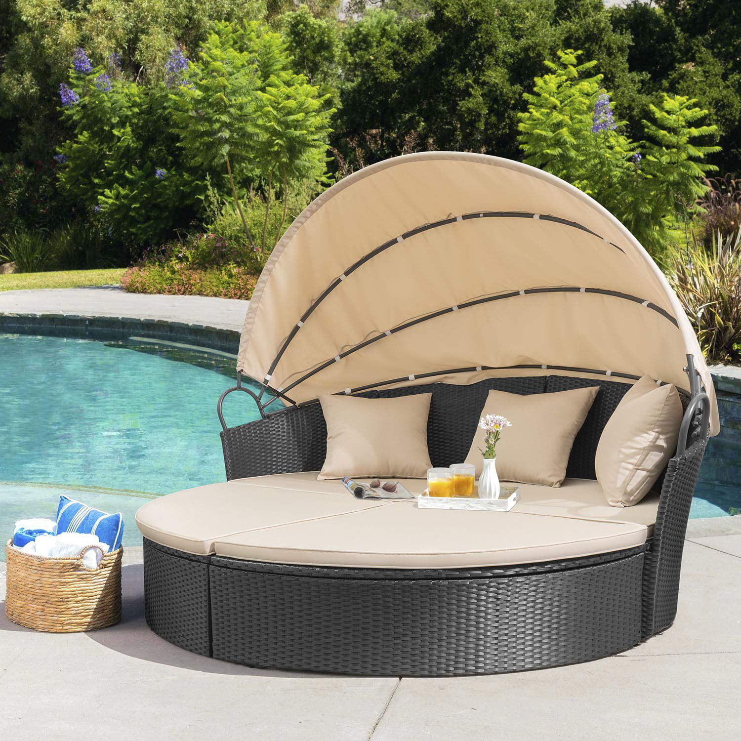 Tangkula Patio Furniture Outdoor Lawn Backyard Poolside Garden Round with Retractable Canopy Wicker Rattan Round Daybed 4 Pillow Beige Seating Separates Cushioned Seats 