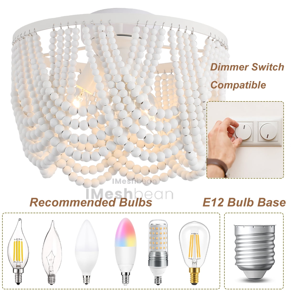 Imeshbean 3-Light Boho Wooden Draped Bead Chandelier