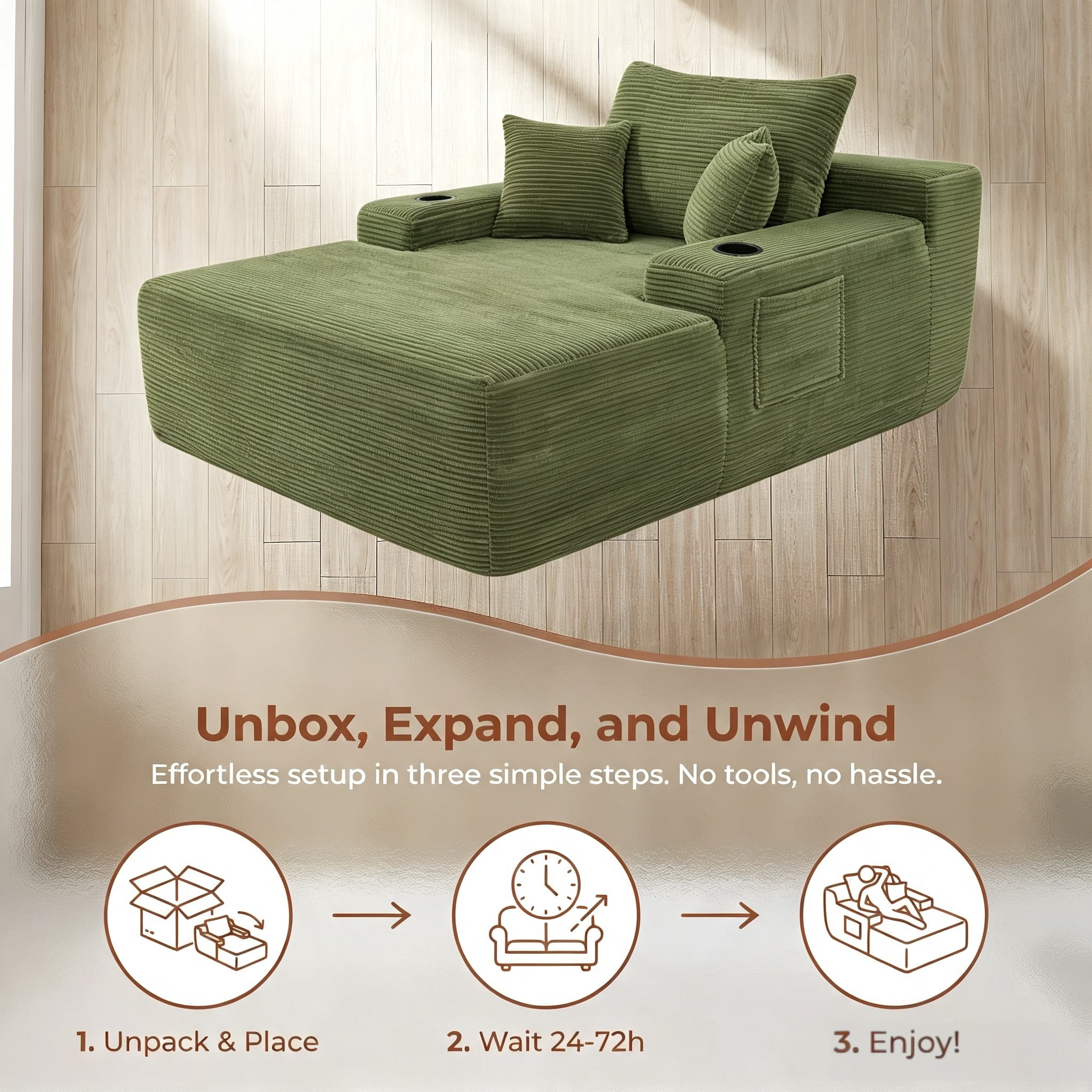 ShiKeyi 65'' Chaise Lounge Chair Indoor, Boneless Sofa Cloud, Plush Corduroy Chaise Couch with Cup Holders, Side Storage Pocket & Pillows, No Assembly Required, Green