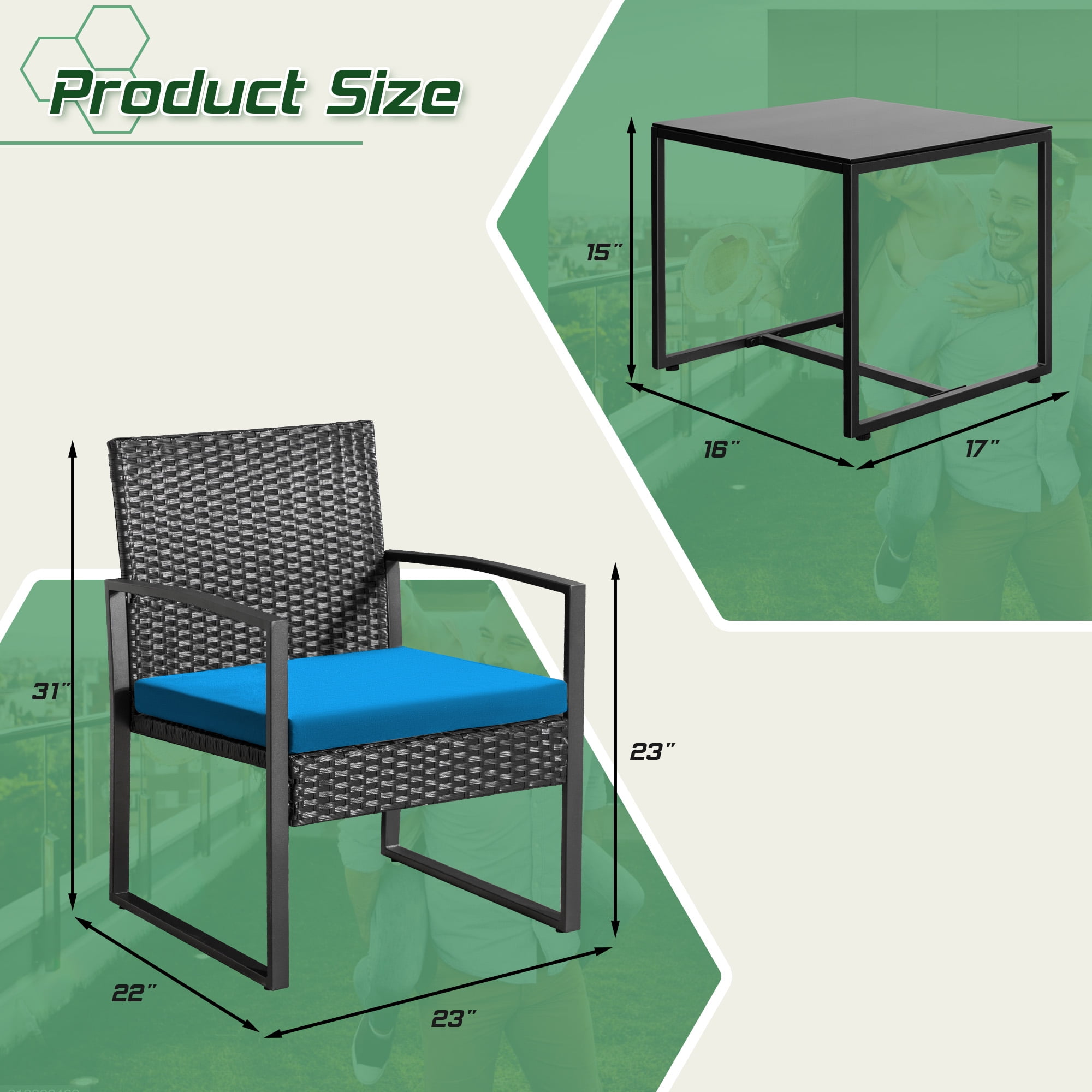 Homall 3-Piece Casual Bistro Set with Wicker Chairs and Coffee Table for Patio Furniture, Black/Blue