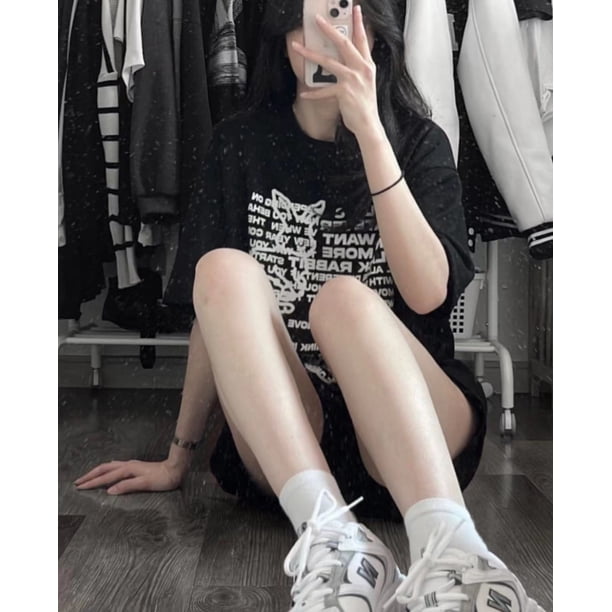 Camiseta con estampado de letras coreanas y japonesas para mujer, remera holgada informal de algodón, playera blanca de gran tamaño con estampado Harajuku