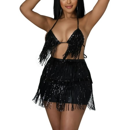 

Bebiullo Women s Belly Dance Sequin Tassel Skirt Set Fringe Bra Tops + Hip Scarf Rave Mini Festival Skirts Black XXL