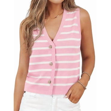 Women'S Knit Striped Vest Sleeveless Button Down Cardigan Short Cropped Sweater Waistcoat Pink M