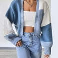 thumbnail image 2 of VISALY Cropped Cardigan Crochet Cardigan Women's Casual Knit Open Front Tops Long Sleeve Color Block Cardigans Sweaters Lightweight Short Outerwear Coats Cardigan Sweaters Trendy Cardigan Blue L, 2 of 6