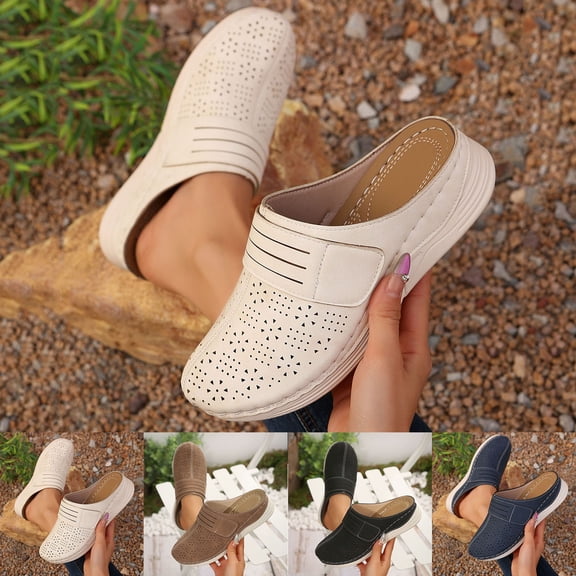HomeDM Women's Wedge Sandals Closed Toe Slip On Slides Mules Comfortable Walking Dressy Summer Shoes, Beige Size 5.5