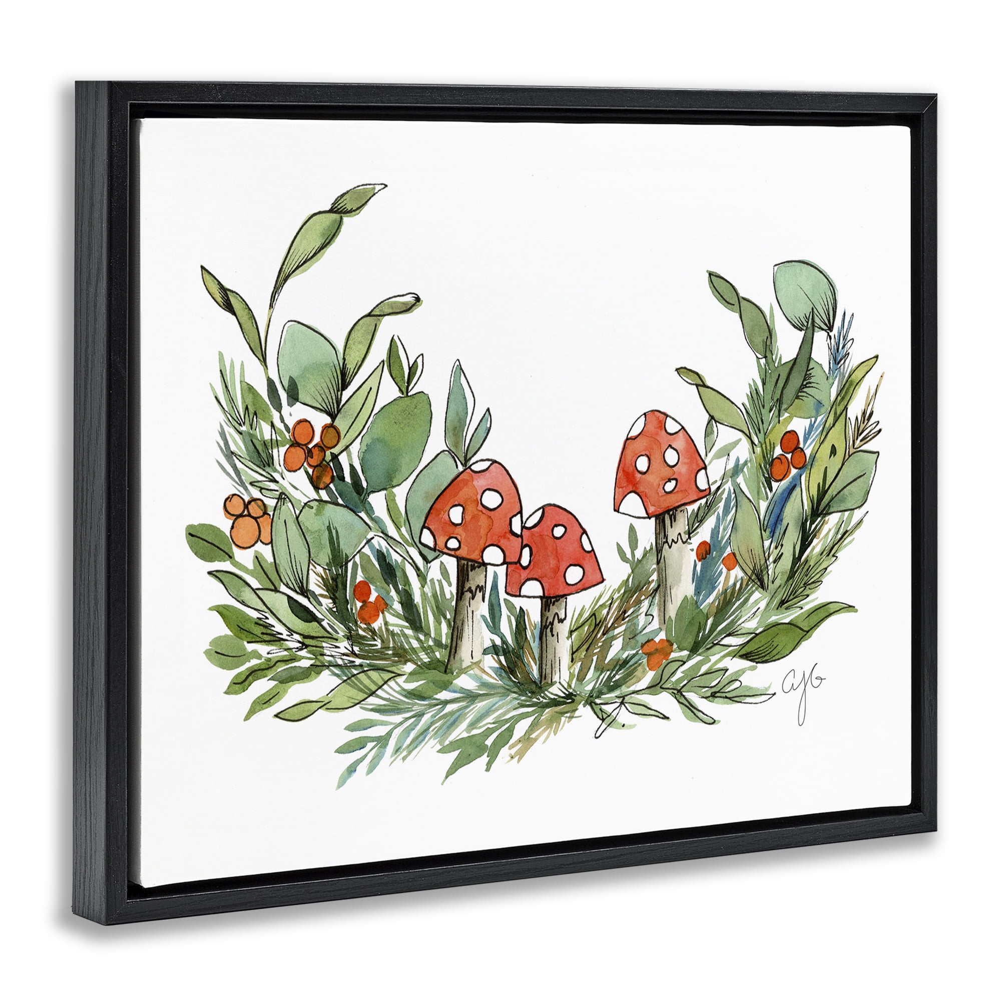 Stupell Industries Mushrooms and Greens Plants & Flowers Painting Black Floater Framed Canvas Art Print Wall Art, 31 x 25