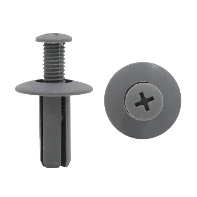Unique Bargains 100 Pcs 8mm Hole Gray Plastic Rivets Fastener Push Clips for Car Auto Mudguard. The image displays two gray plastic rivets with a cross-shaped head and a push-type design, measuring 20mm in head diameter and 20mm in stem length. These clips are ideal for automotive uses such as mudguards, bumpers, door panels, and splash shields, fitting an 8mm hole size.