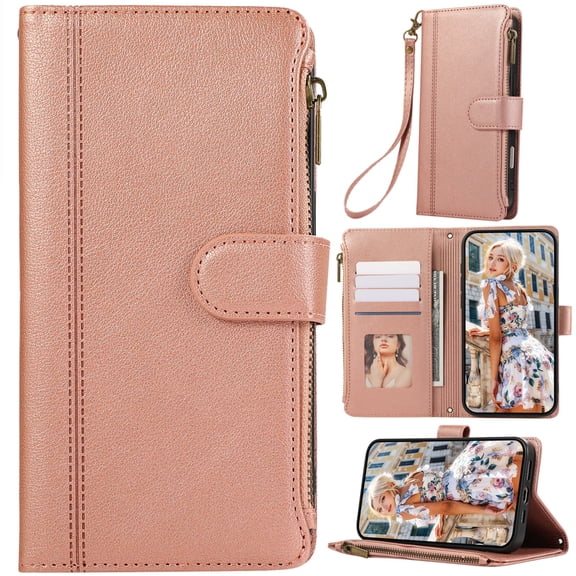 for iPhone 17 Phone Case Wallet Zipper Bag Vintage Calfskin Grain PU Leather Folio Flip Cover Kickstand, Card Slot Cash Holder, Minimalist Magnetic Closure, Wrist Strap