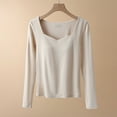 thumbnail image 3 of Womens Long Sleeve Shirts Crop Tops Solid Square Neck Going Out Basics Tees with Chest Pad (Beige XL), 3 of 3