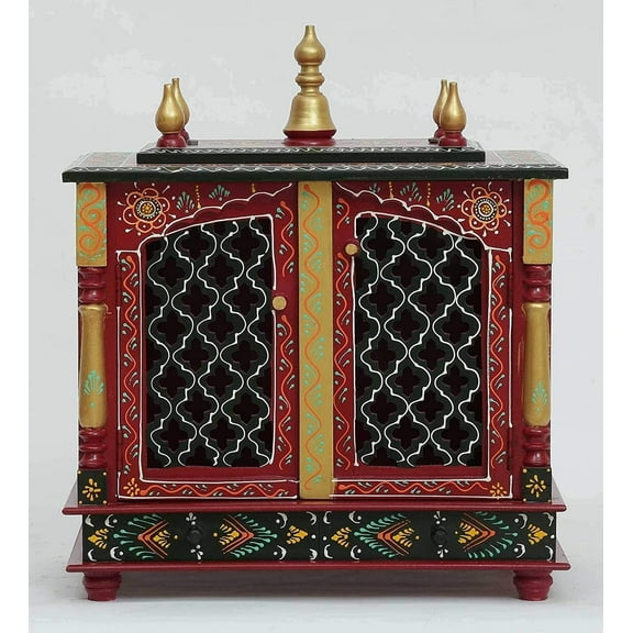 Wooden Temple Pooja Ghar Mandir For Home Wall Decor Diwali Window Puja Mandap Beauty Flowers Handmade Art Color Maroon And Black