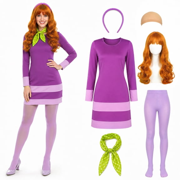 GOBWCOT Purple Striped Dress Costume for Adult, Long Sleeve Dress Outfit with Wig & Scarf for Halloween Cosplay Party Dress-Up