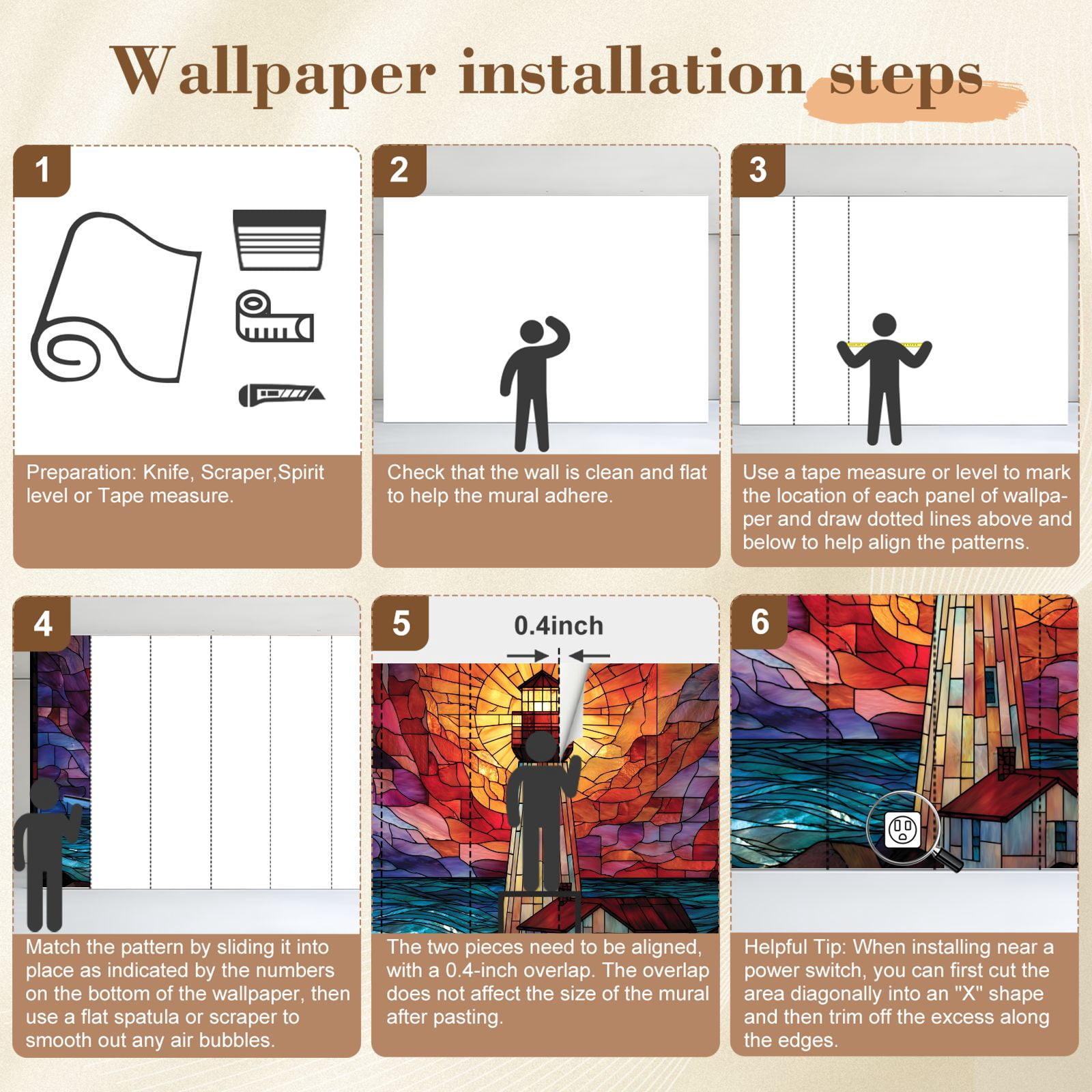 Wallpaper Lighthouse Themed Stained Glass Window Panel Peel and Stick Wall Murals 69"H x 96"W Removable PVC Wall Paper Self-Adhesive Wall Paintings Art Decor for Bedroom Living Room