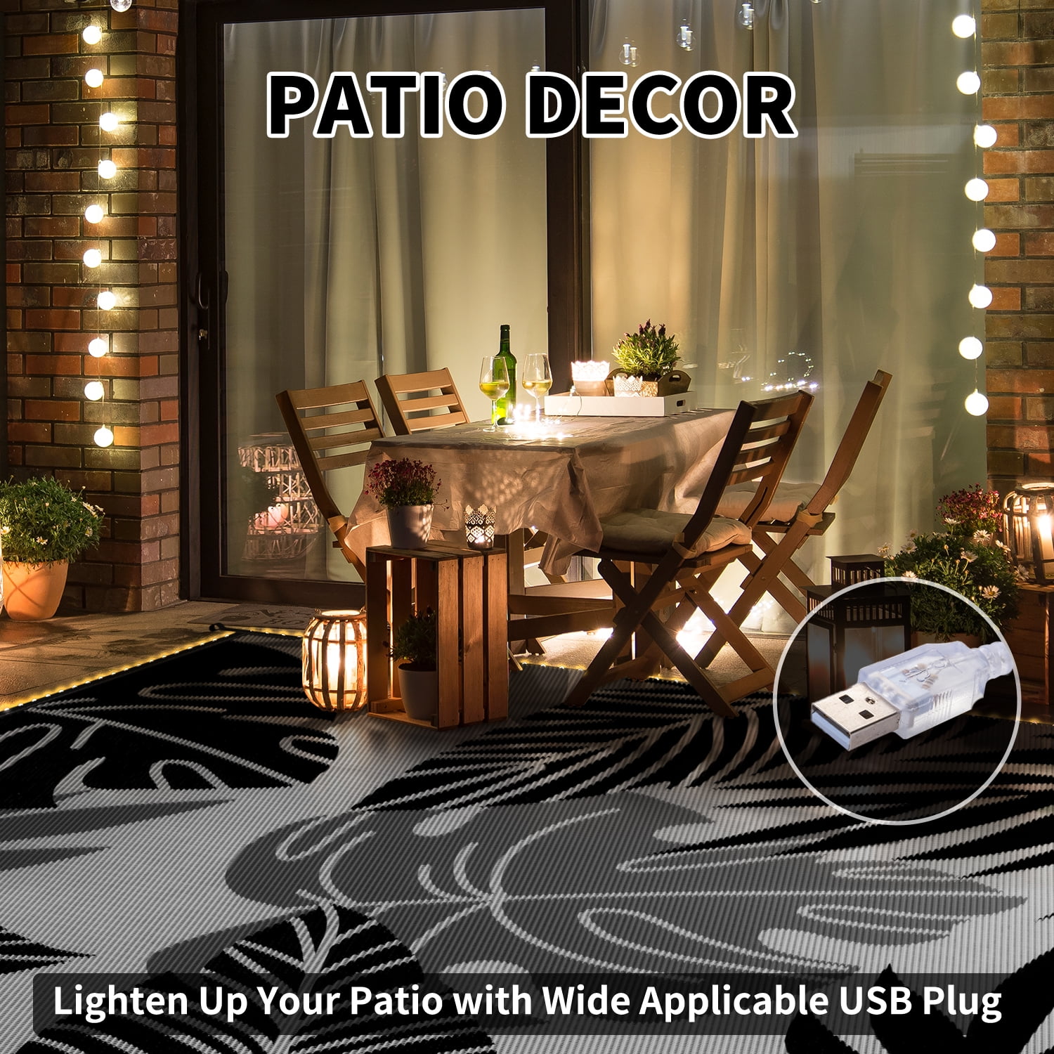 VUNATE Outdoor Rug with LED Strip Lights 10'x14' Waterproof Reversible Patio Rug Plastic Straw Lightweight Indoor Outdoor Rug for RV Camping Deck Balcony Tropical Porch Decor Dark Gray and Black