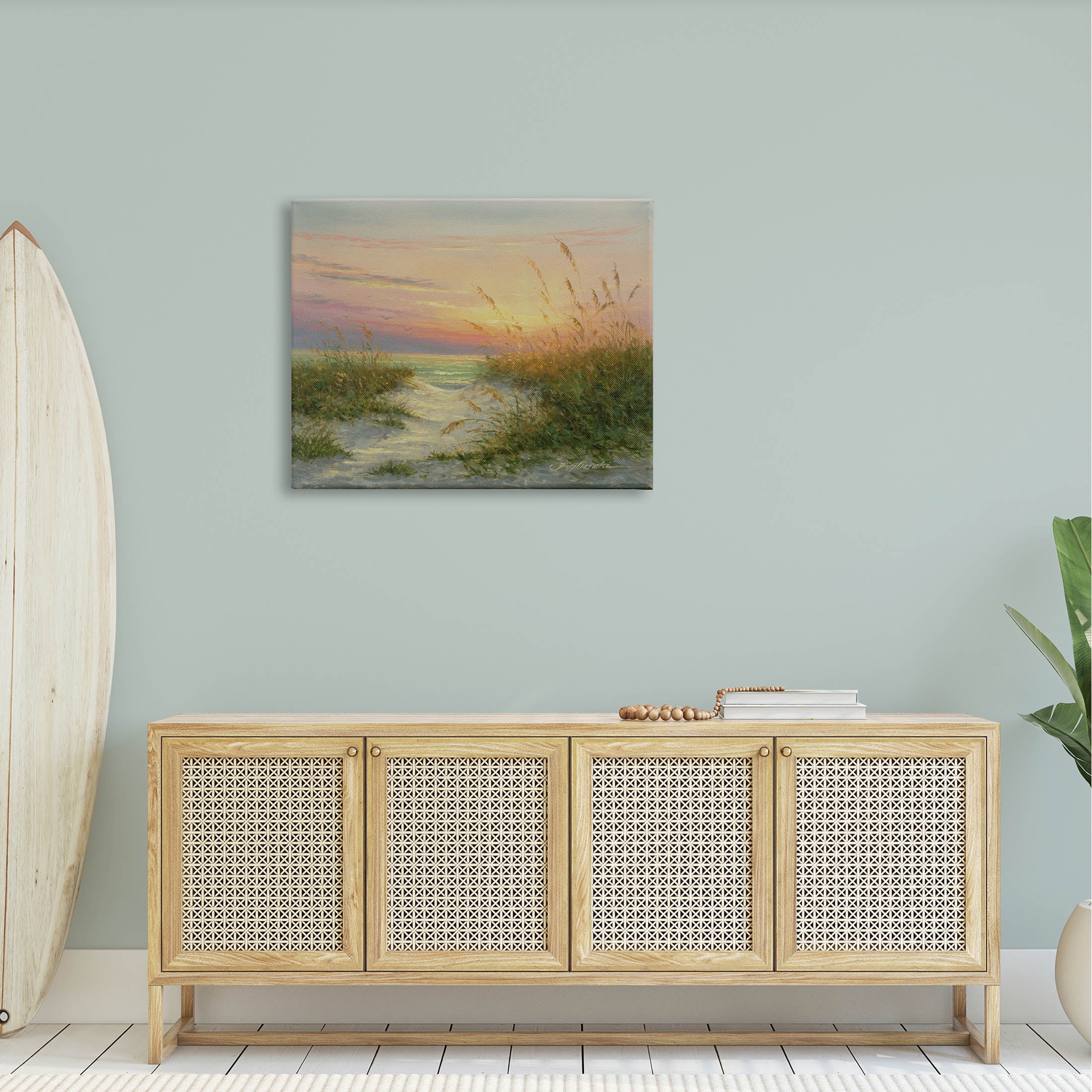 Sunset Beach Path Reeds Coastal Painting Gallery Wrapped Canvas Print Wall Art