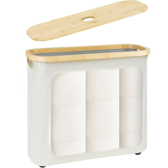 Dznils Toilet Paper Holder with Bamboo Lid for Bathroom Storage, Foldable and Waterproof, Up to 12 Rolls, Beige