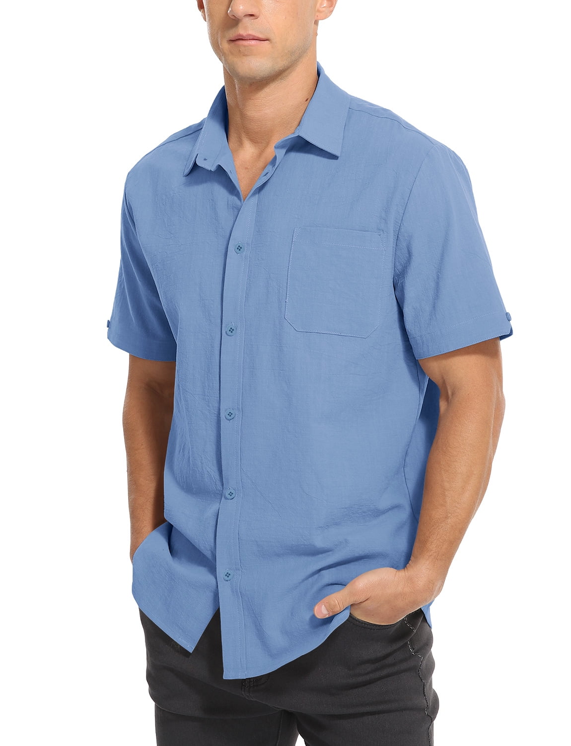 JMIERR Men's Long Sleeve Button Down Dress Shirt - Textured Hawaiian Casual Beach Shirt With Pocket - View #7