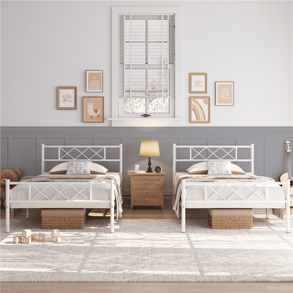 Fullfurnique Simple Metal Platform Bed Frame with Headboard and Footboard, Twin, White