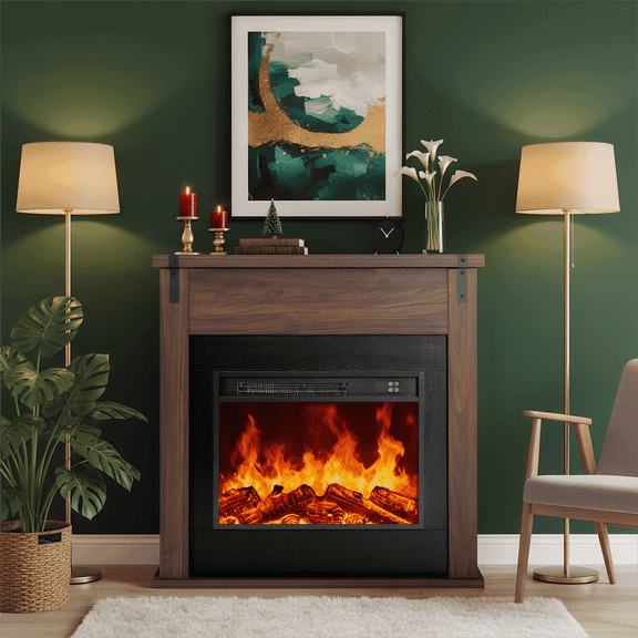LIGHTINN 36" Freestanding Electric Fireplace with Mantel, Modern Minimalist TV Stand Electric Fireplace Mantel for Living Room Bed Room, Walnut
