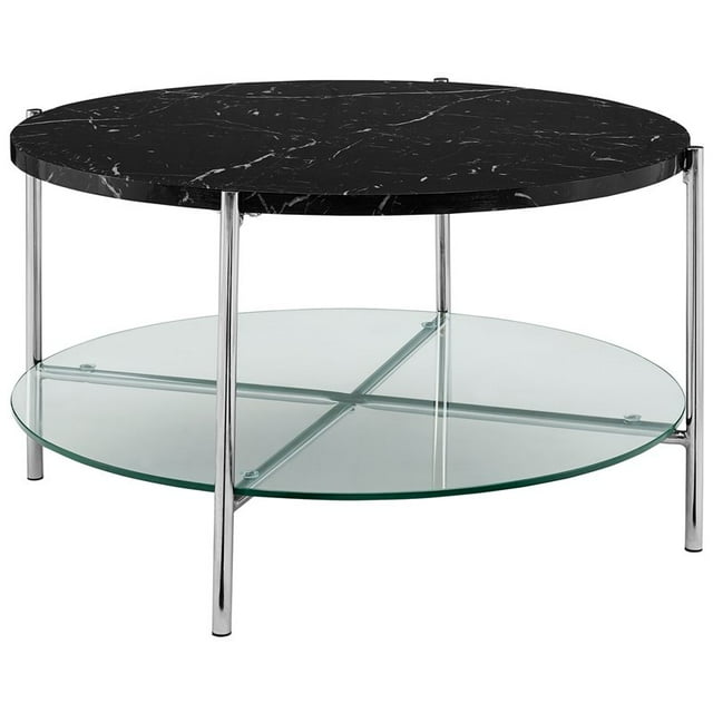Table Basse Ronde de 32 Pouces avec Faux Marbre Noir et Pieds Chromés
