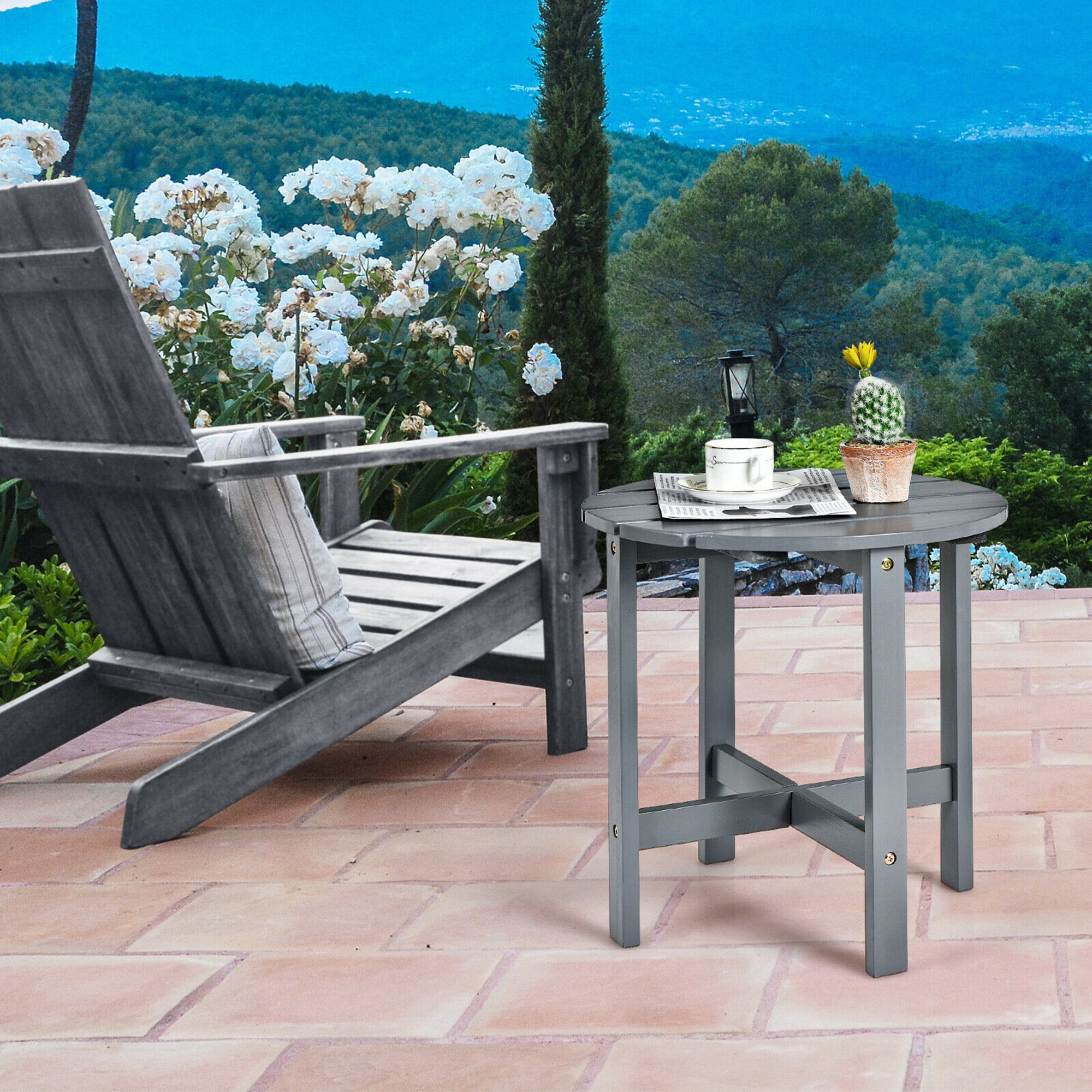 Gymax Wooden Slat Round 18" Patio Coffee Table, Gray