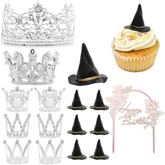 Witch Theme Party Cake Toppers Creative Princess Crown Cake Topper Reusable Multipurpose Witch and Princess Theme Cupcake Decor for Birthday Party Supplies Crafts