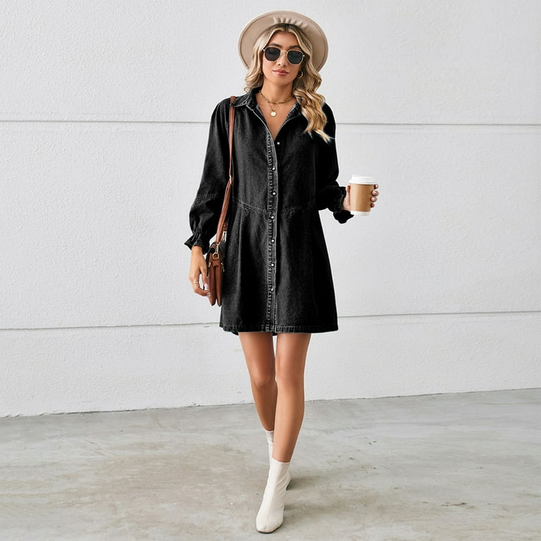 chinese dress ladies Women Long Sleeve Denim Dress Vintage Button Down Casual Denim Dress with  Pockets, B-dark blue : Amazon.de: Fashion