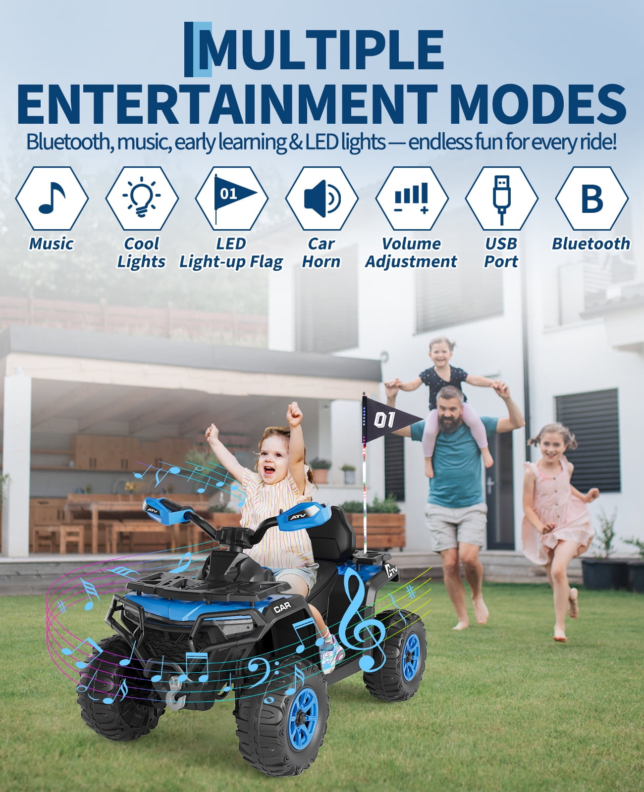 12V Electric Ride on Toys with Remote Control, Kids ATV with LED & Bluetooth, Dual 45W Motors & 3 Speed Electric Car for Kids