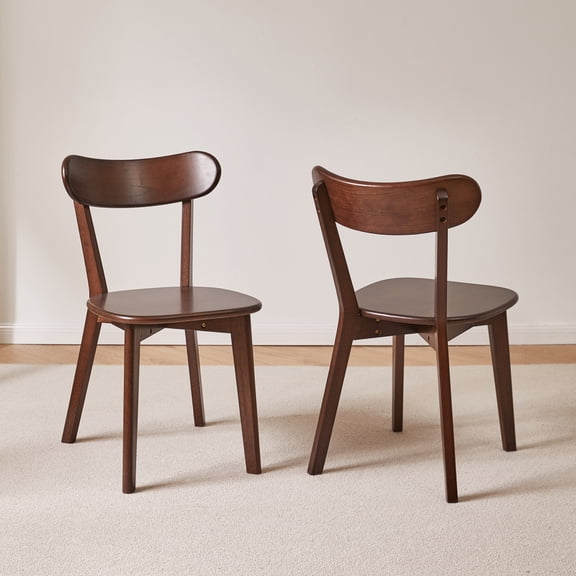 Set Of 2 Solid Rubber Wood Dining Chairs Dark Walnut Matte Finish Ergonomic Curved Back Rounded Edge Sturdy Side Chairs For Dining Room Kitchen