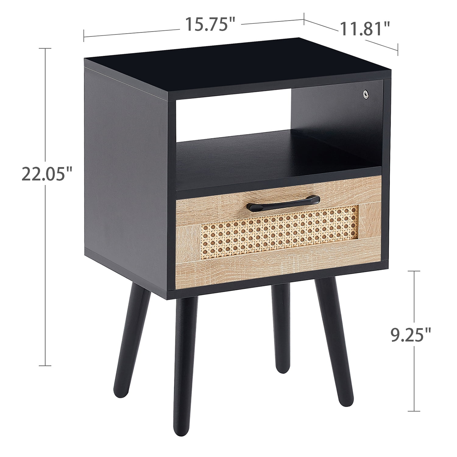 Kadyn Rattan Bedside Table, 15.75" Night Stand with Drawer and Solid Wood Legs, Modern Wood Nightstand for Bedroom, Black Kadyn Rattan Bedside Table, 15.75" Night Stand with Drawer and Solid Wood Legs, Modern Wood Nightstand for Bedroom, Black