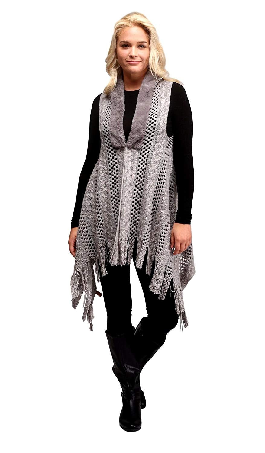 Love of Fashion Faux Fur Trim Crochet Sweater Vest Shrug with Fringe for Women Light Gray, Women's, Size: One Size