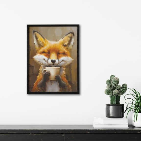 Kate and Laurel Happy Fox Traditional Coffee Tea Cup Framed Wall Art by The Creative Bunch Studio, 12x16 Black, Cute Fox Coffee Art for Wall