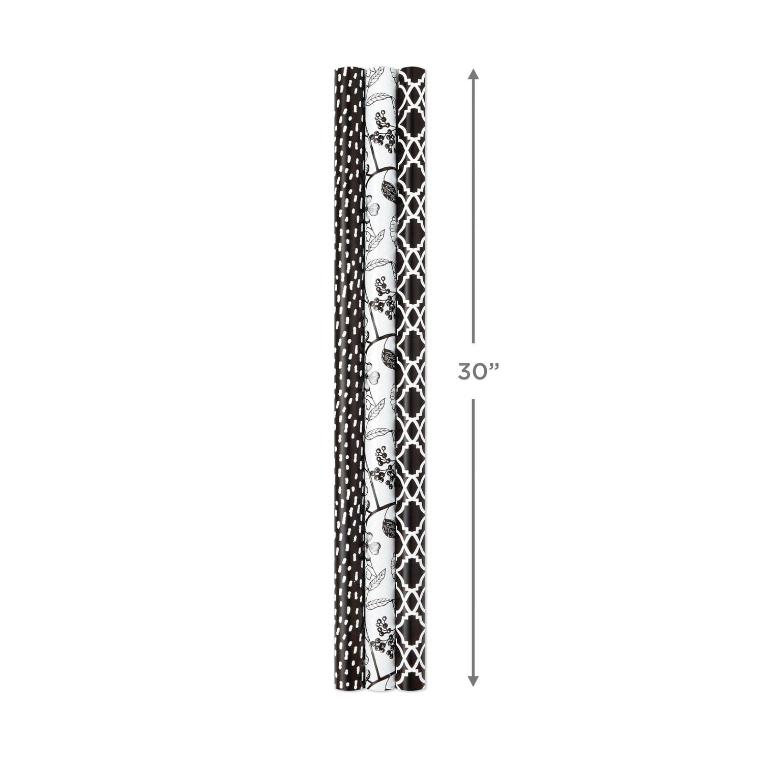 Ensemble de papier d'emballage réversible pour toutes les occasions, Hallmark – Fleurs noires et blanches et pois (3 rouleaux – 75 pieds carrés au total)