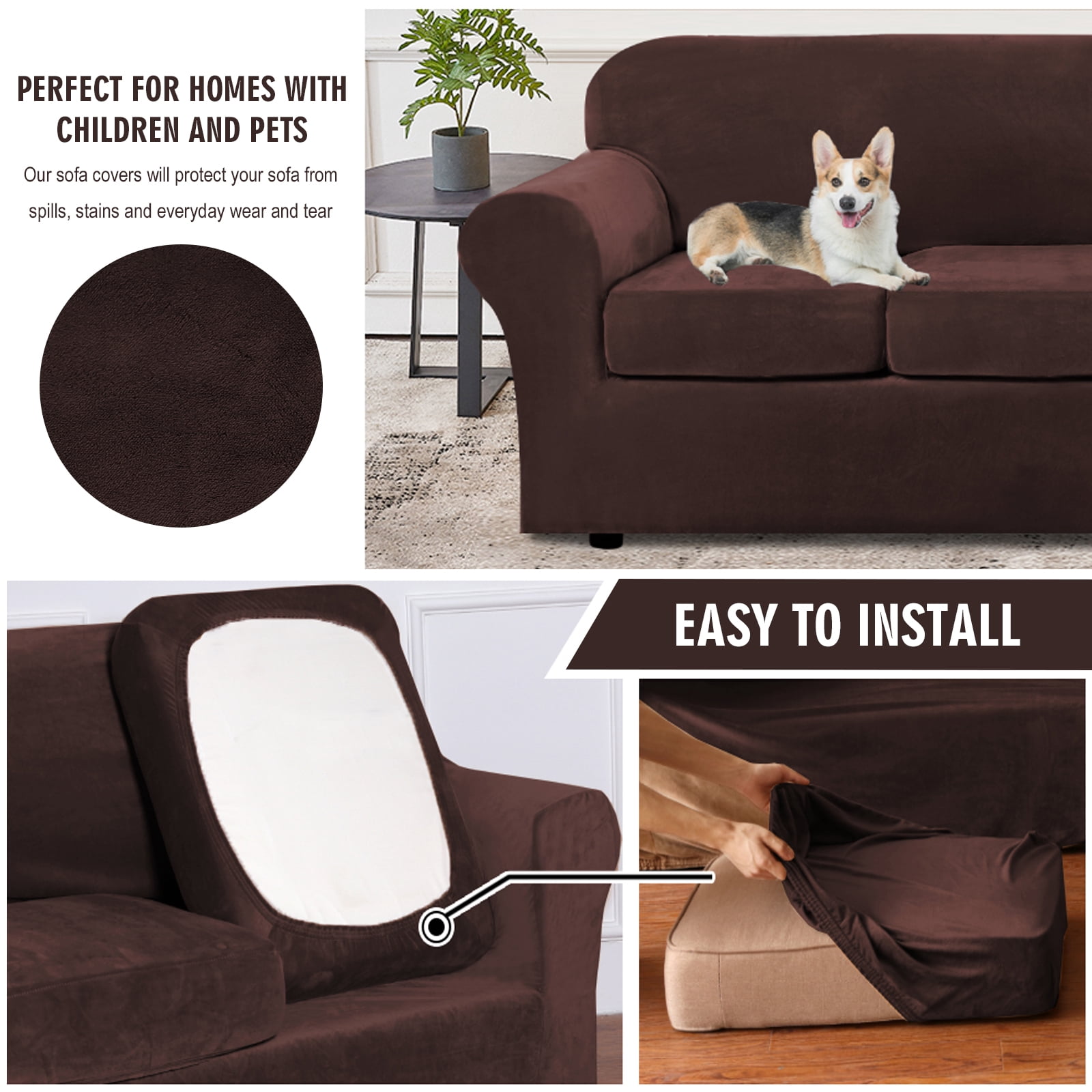 Topchances Stretch Non-Slip 4-Piece Polyester Velvet Sofa Slipcovers, Brown