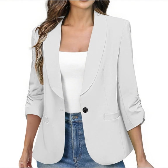 Women's Ruched 3/4 Sleeve Blazers One Button Front Lapel Jackets Casual Office Work Lightweight Blazers with Pockets