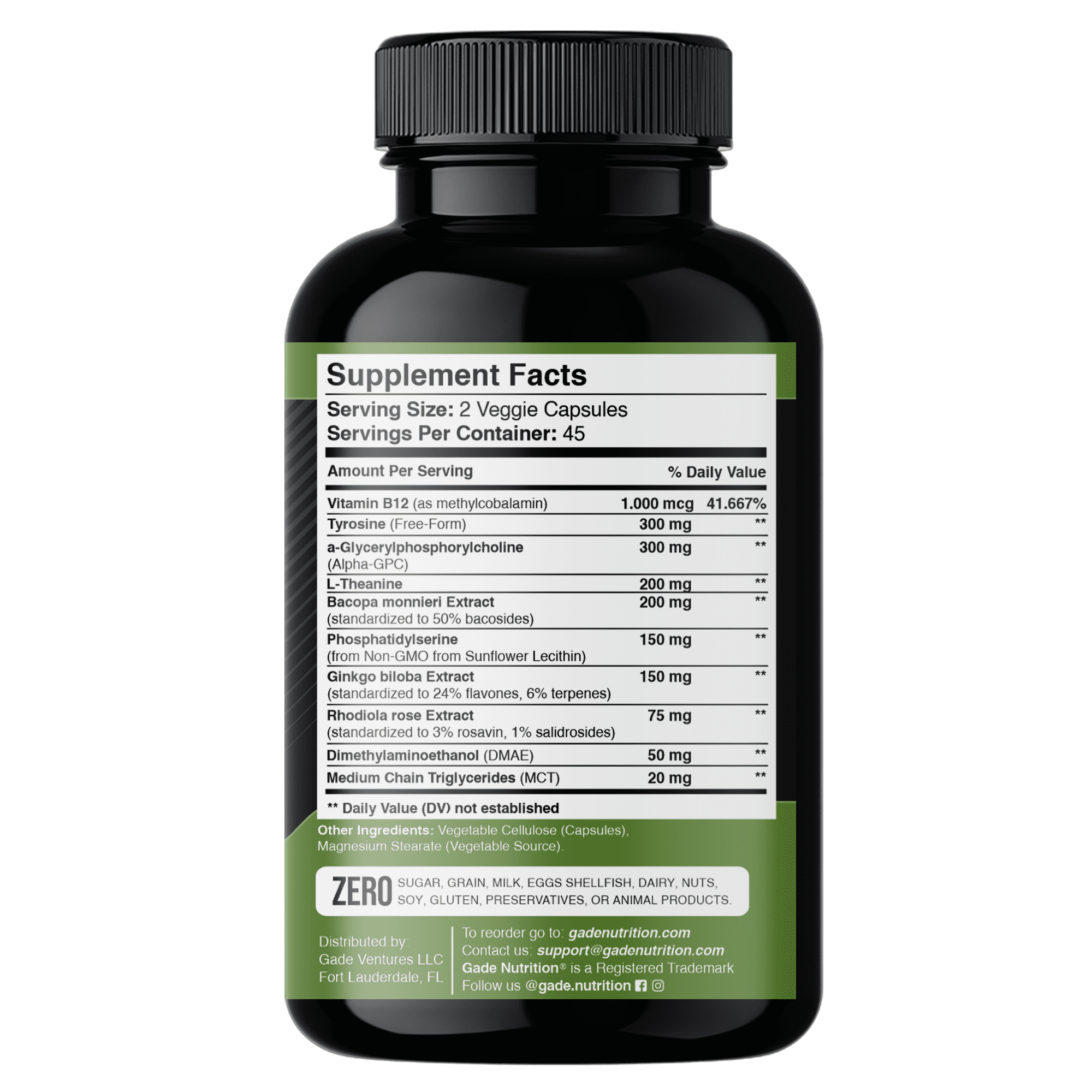 Gade Nutrition Alpha GPC with Ginkgo Biloba, Ginseng, L Theanine, B12, Bacopa Monnieri, L Tyrosine, Rhodiola Rosea - 90 Caps - Made in USA