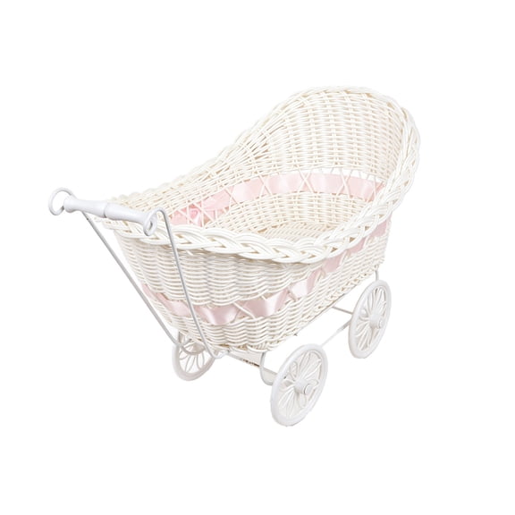 KojanyuFaux Rattan Pram Shaped Flower Basket with Wheel and Handle, Multi Functional Storage Fruit Basket for Weddings Parties
