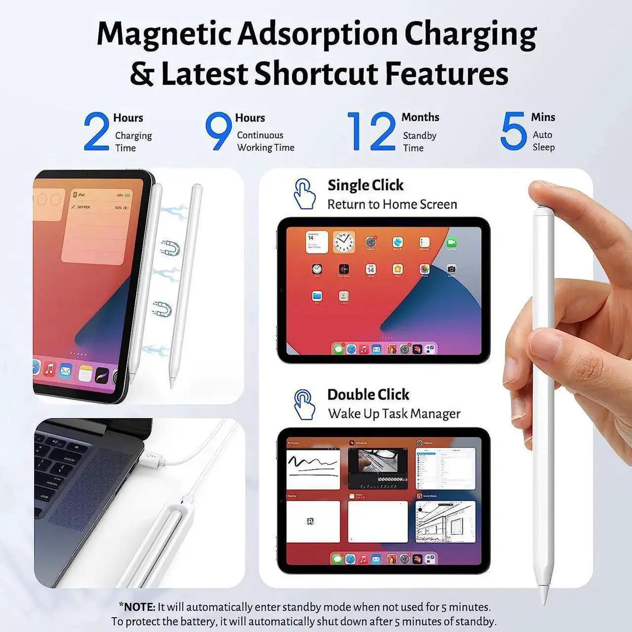 Stylus Pen for iPad with Wireless Charging - Active Apple Pencil Compatible with iPad Pro 11/12.9/13, iPad Air 13/11, iPad 6/7/8/9/10th Gen, iPad Air 3/4/5 Gen, iPad Mini 5/6th Gen