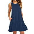 thumbnail image 1 of Staron Robe d'Été pour Femmes en Solde à Moins de 10$ Robe Sans Manches Col Rond Unie avec Poches Robe Ample Ligne A Printemps Décontractée Vacances Mini Robes Marine L, 1 of 5