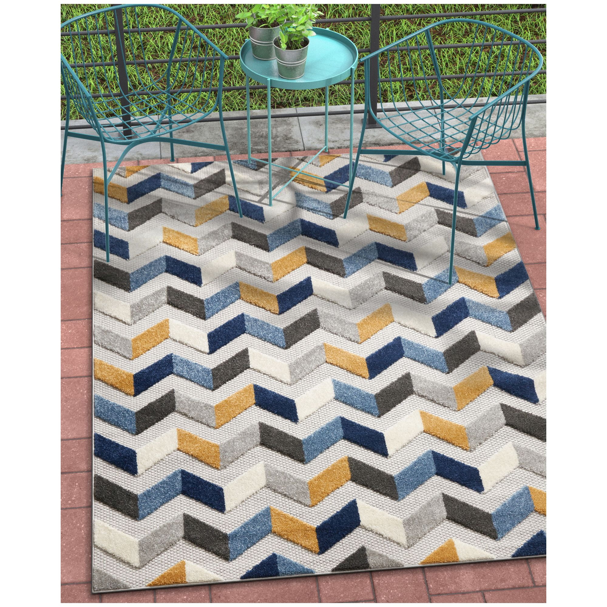 Well Woven Maui Blue Indoor/Outdoor Chevron Area Rug High Traffic Stain